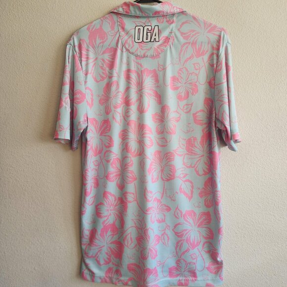 Oahu Golf Polo Shirt Mens XS Blue Pink Hibiscus Floral Performance Golf OGA UV - Picture 6 of 9